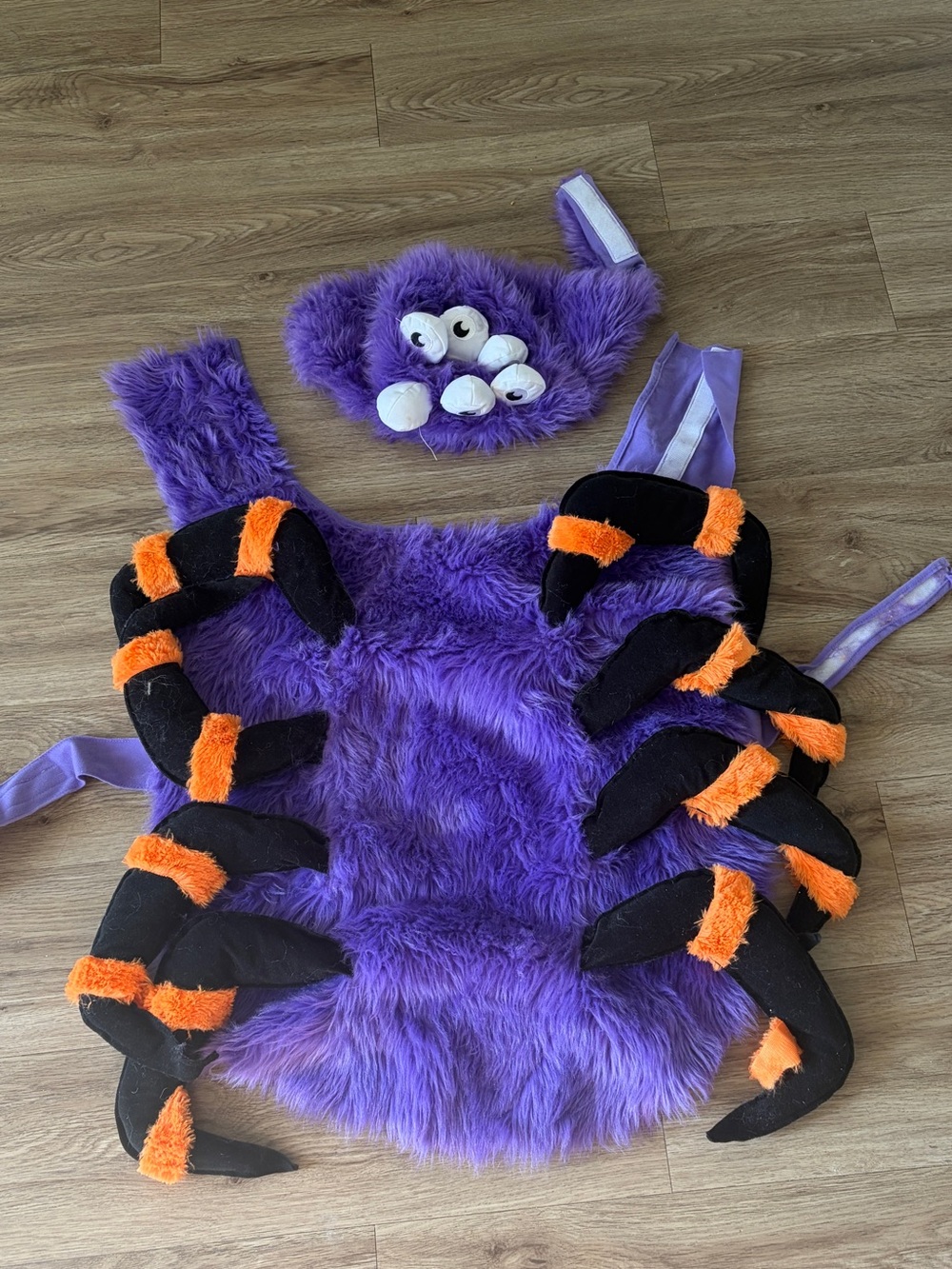 Purple Furry Spider dogd Costume with Orange Accents